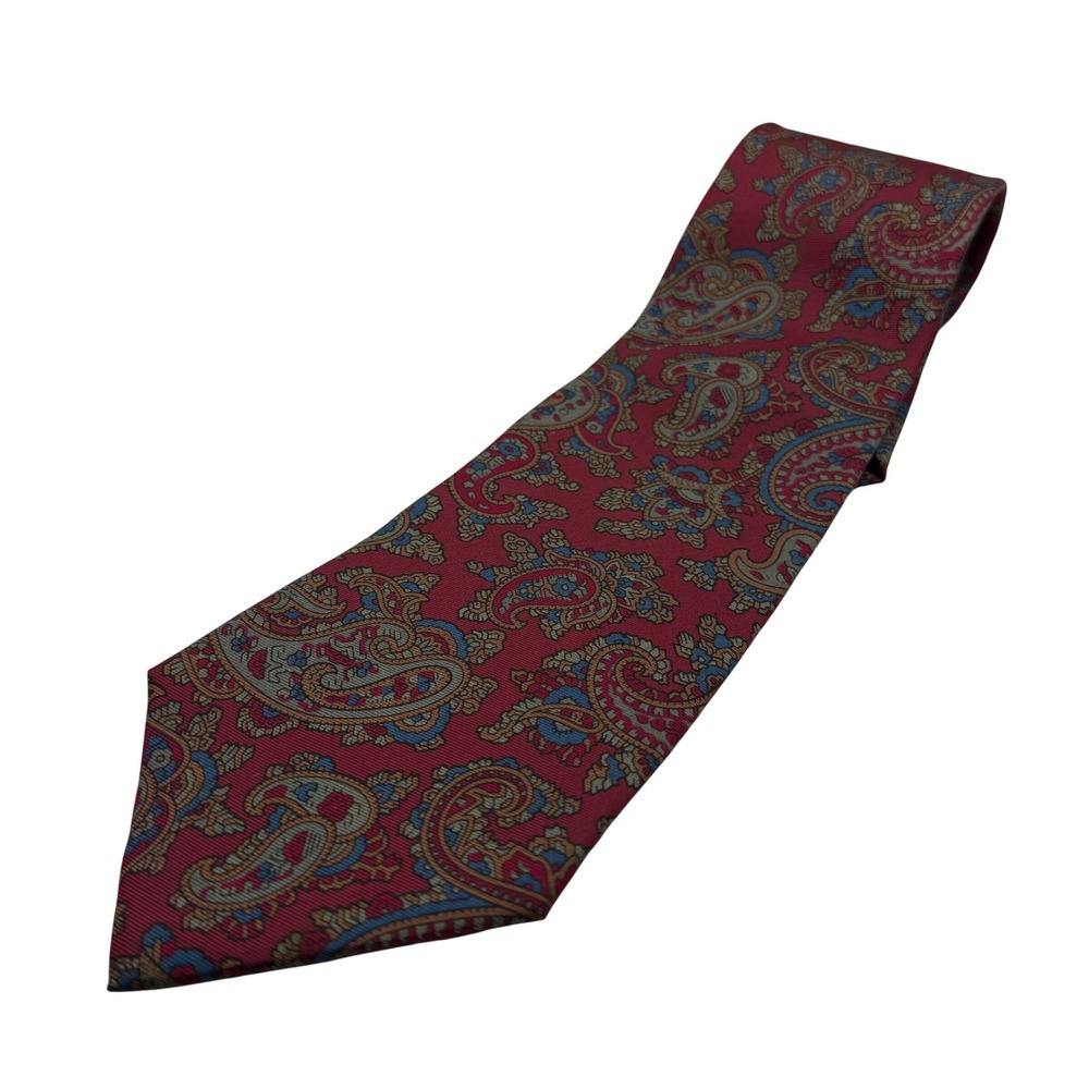 Claybrooke Mens Silk Paisley Necktie Burgundy Red Blue Gold Hand Sewn 3.75" Wide